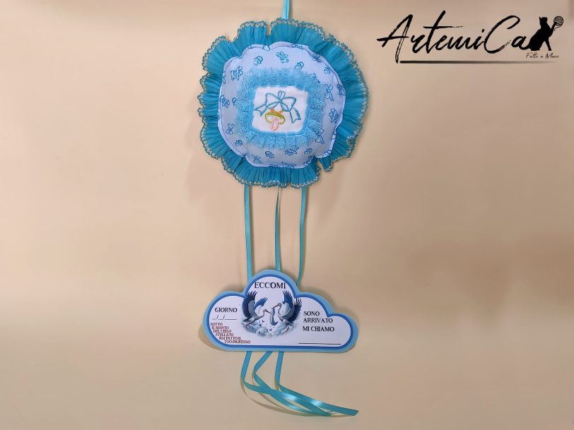 1 Cuscino Soffio di Felicità: Fiocco Nascita Handmade Morbido e personalizzabile