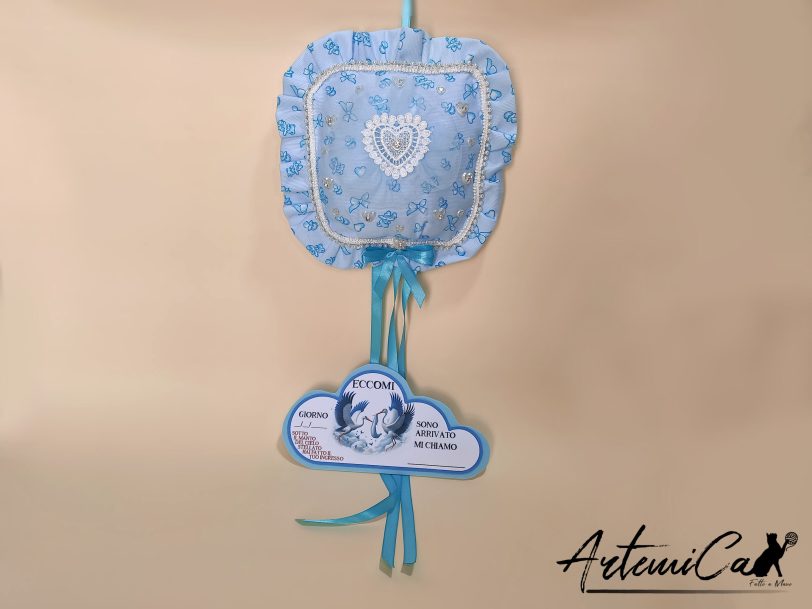 1 Cuscino Soffio di Felicità: Fiocco Nascita Handmade Morbido e personalizzabile