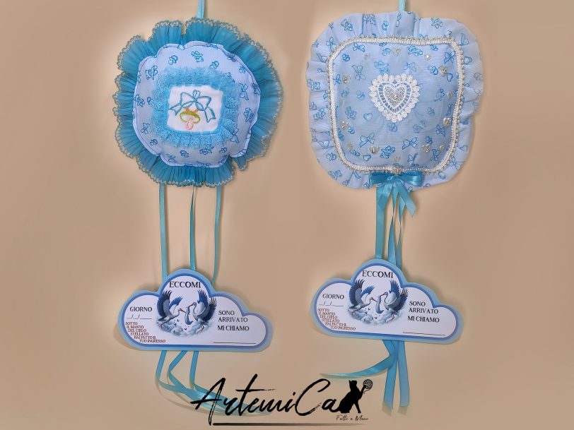 2 Cuscino Soffio di Felicità: Fiocco Nascita Handmade Morbido e personalizzabile