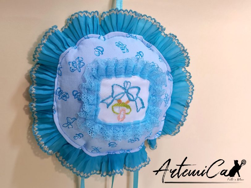 4 Cuscino Soffio di Felicità: Fiocco Nascita Handmade Morbido e personalizzabile