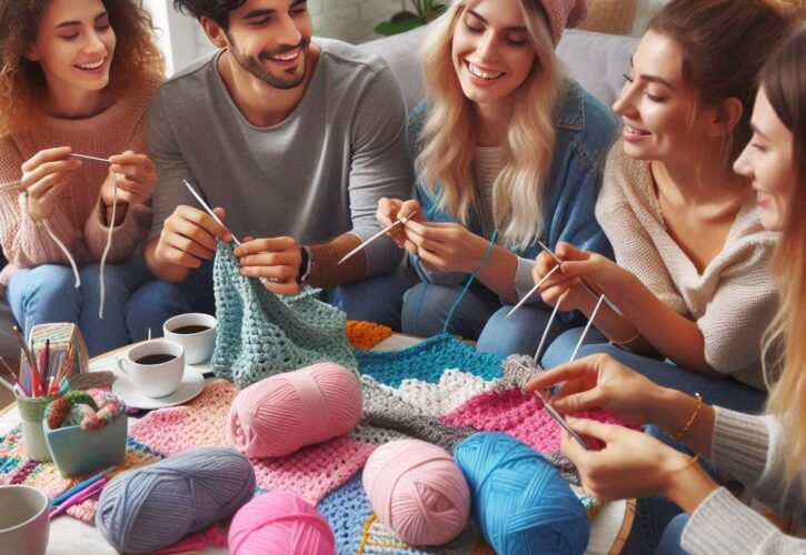 Come Iniziare a Creare con l'Uncinetto: Guida Completa per Principianti con Consigli e Trucchi 3 Un gruppo di amici seduti attorno a un tavolo, chiacchierando e lavorando all'uncinetto insieme, con filati colorati e uncinetti