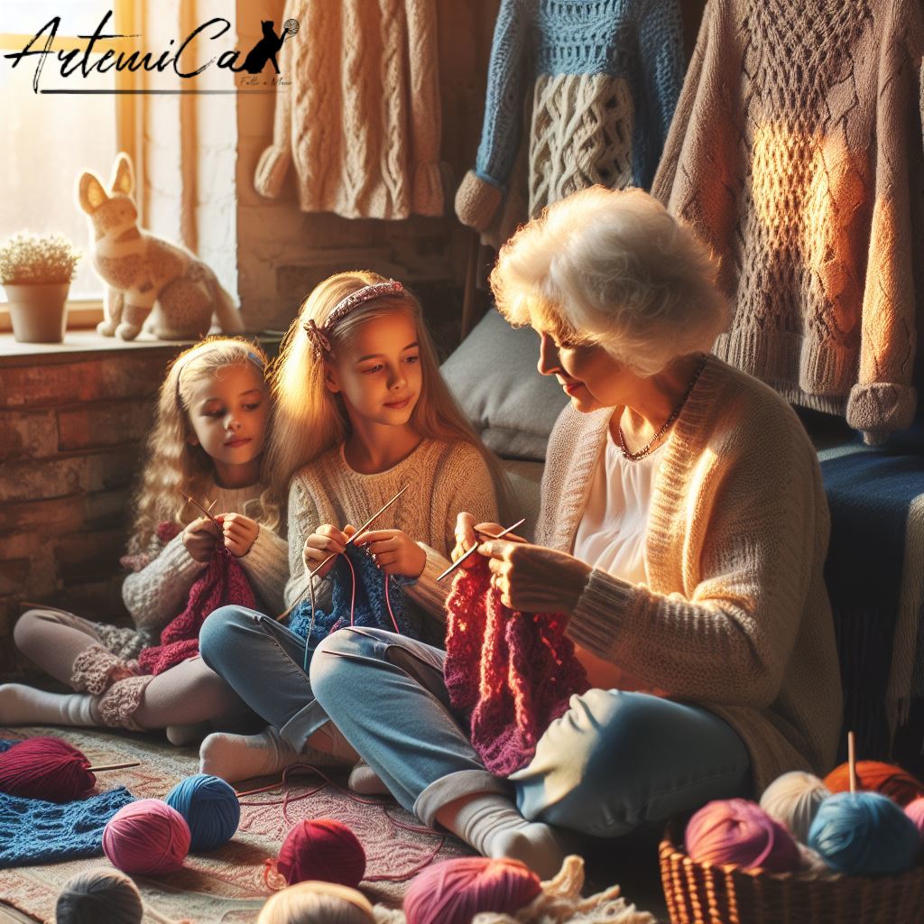 Racconti di Famiglia: L’Eredità dell’Uncinetto attraverso le Generazioni 4 diverse generazioni che condividono Racconti di Famiglia sul lavoro a maglia e il ricamo