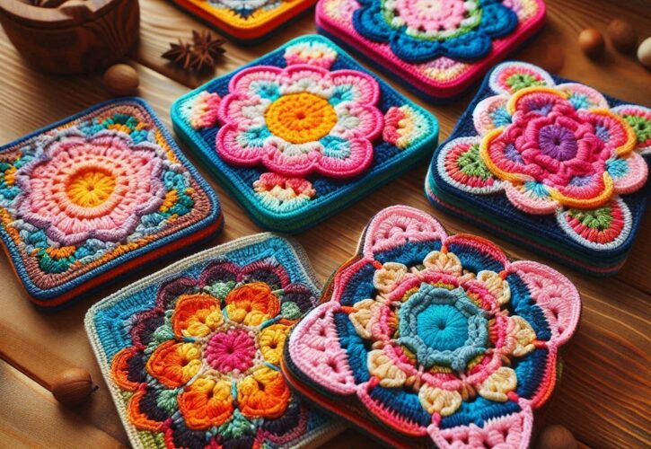 Come Iniziare a Creare con l'Uncinetto: Guida Completa per Principianti con Consigli e Trucchi 4 Una serie di sottobicchieri colorati all'uncinetto disposti in un pattern ordinato su un tavolo di legno
