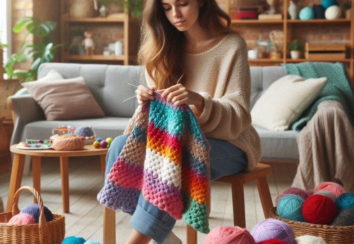 Come Iniziare a Creare con l'Uncinetto: Guida Completa per Principianti con Consigli e Trucchi 2 Una Donna che lavora all'uncinetto, con filati colorati e uncinetti
