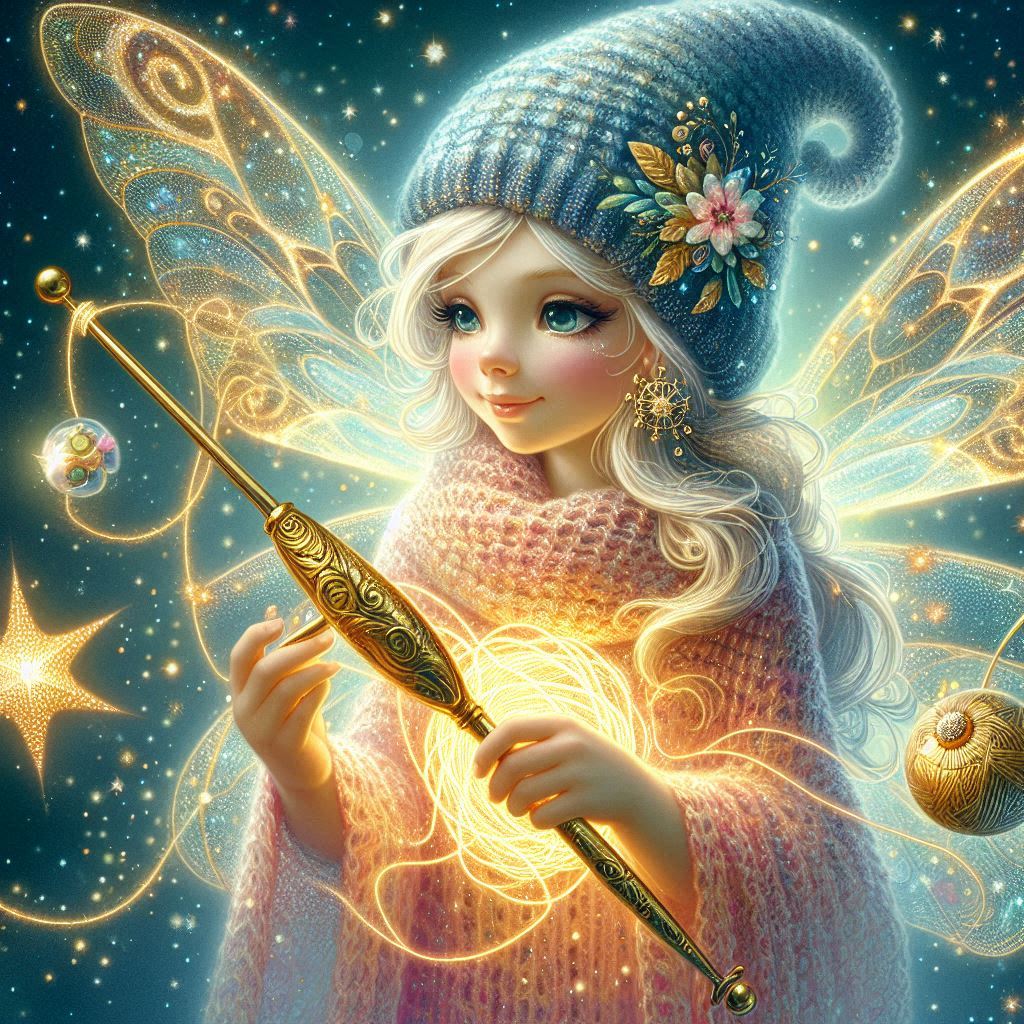 Uncinetto e Ricamo nelle Fiabe: Un Viaggio Magico tra Trame e Fili 5 Una fata con ali scintillanti e un cappello a punta, che tiene un uncinetto dorato da cui scaturiscono fili luminosi. Attorno a lei, si formano oggetti magici come un piccolo tappeto volante e stelle scintillanti.