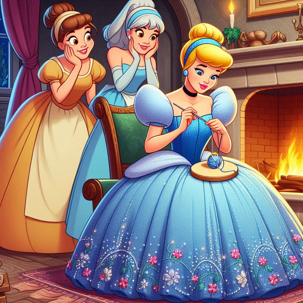 Uncinetto e Ricamo nelle Fiabe: Un Viaggio Magico tra Trame e Fili 2 Cenerentola seduta vicino a un camino, con in mano ago e filo, intenta a ricamare un bellissimo abito da ballo. Due sorellastre buffe la osservano invidiose. L’abito è pieno di dettagli scintillanti e fiori colorati.