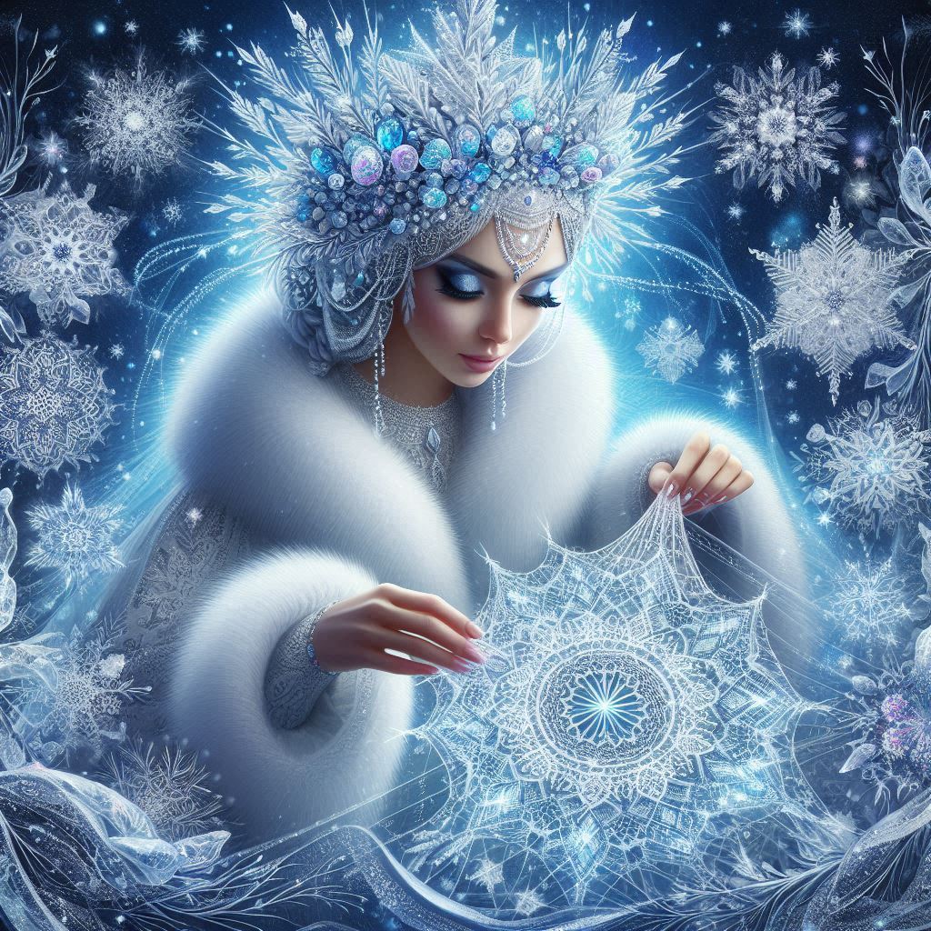 Uncinetto e Ricamo nelle Fiabe: Un Viaggio Magico tra Trame e Fili 3 La Regina delle Nevi con un manto bianco e un diadema di cristallo, intenta a tessere un intricato ricamo di ghiaccio. Attorno a lei, fiocchi di neve che si trasformano in bellissimi motivi e disegni glaciali.