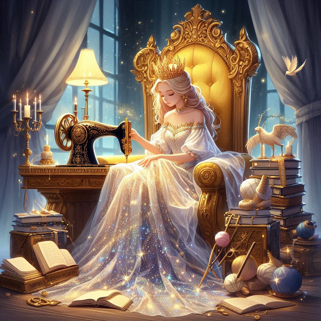 Uncinetto e Ricamo nelle Fiabe: Un Viaggio Magico tra Trame e Fili 4 Una principessa con una corona, seduta su un trono dorato, intenta a cucire un mantello scintillante che inizia a scomparire in alcuni punti. Attorno a lei, strumenti da cucito e libri di magia.