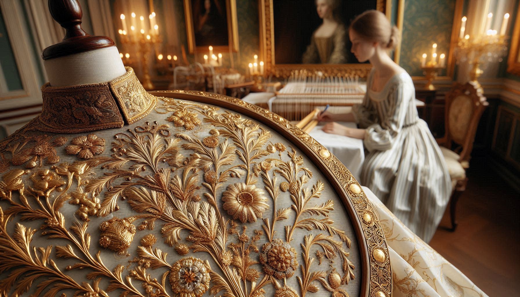 L'Uncinetto e il Ricamo nelle Corti Reali: Eleganza e Tradizione tra Fili e Trame 2 close-up di un elaborato ricamo su un abito di corte, realizzato con fili dorati e argentati su tessuto di seta. Il ricamo presenta motivi floreali complessi, con dettagli minuziosi che mostrano la precisione e la maestria necessarie per creare tali opere d'arte. In secondo piano, si intravede una giovane nobildonna che lavora su un tamburello da ricamo, concentrata nel creare un disegno simile a quello in primo piano. L'ambientazione suggerisce una stanza privata di un palazzo, arredata con eleganza ma in modo sobrio, con pareti decorate da pannelli di legno intarsiato.
