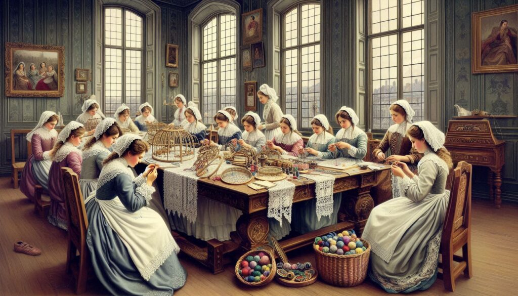 L'Uncinetto e il Ricamo nelle Corti Reali: Eleganza e Tradizione tra Fili e Trame 4 gruppo di giovani nobildonne sedute attorno a un grande tavolo, impegnate a lavorare su vari progetti di uncinetto e ricamo. Le ragazze indossano abiti raffinati ma pratici, adatti alle attività manuali, e sono guidate da una maestra che dimostra loro una tecnica particolare. Sul tavolo, si vedono gomitoli di filo, tamburelli da ricamo e modelli di disegni. L'ambiente è luminoso e accogliente, con grandi finestre che lasciano entrare la luce del giorno. Le pareti sono decorate con esempi di ricami e lavori all'uncinetto finiti, che mostrano la varietà di stili e tecniche apprese.