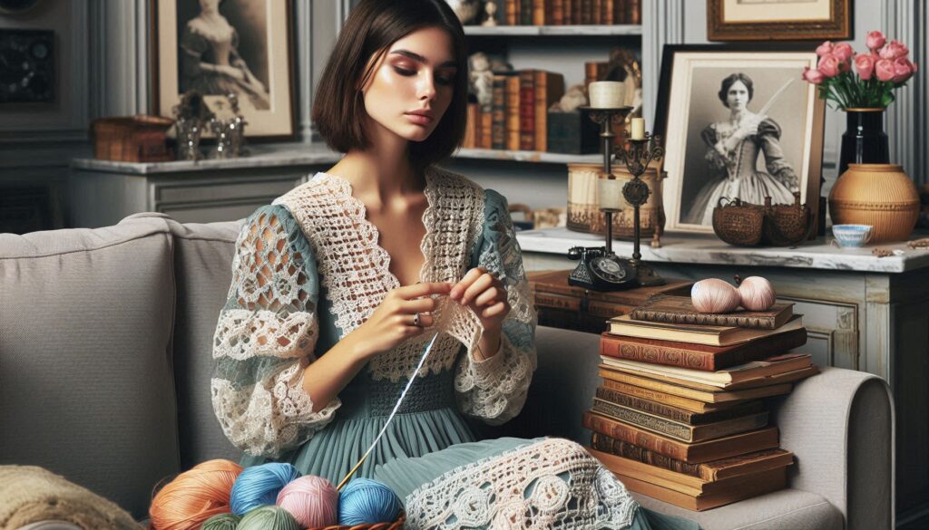 L'Uncinetto e il Ricamo nelle Corti Reali: Eleganza e Tradizione tra Fili e Trame 6 una giovane donna lavorare all'uncinetto, seduta in un elegante salotto che combina elementi classici e contemporanei. Indossa un abito con dettagli ricamati, segno di una tradizione che si rinnova. Accanto a lei, sono visibili libri di modelli e filati di vari colori, che richiamano la ricchezza delle tecniche artigianali del passato. Sullo sfondo, una mensola con oggetti vintage e moderni, tra cui fotografie d'epoca di nobildonne al lavoro su progetti tessili, che simboleggiano la continuità della tradizione.