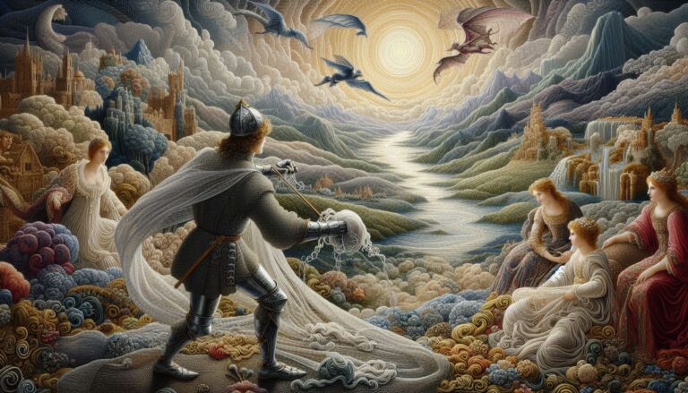L'Epopea del Drago e dell'Amore Intessuto: Sir Fili e l'Uncinetto della Leggenda 25 Un arazzo maestoso e intricato rappresenta una scena epica di un poema cavalleresco. Al centro, un eroe vestito con armature d’epoca maneggia un delicato uncinetto scintillante, mentre tesse una trama che si espande lungo l’intero arazzo. Attorno a lui, si dispiega un regno incantato, con colline di seta e fiumi di filo che si intrecciano in un paesaggio di bellezza e serenità. In lontananza, una figura elegante osserva con affetto e orgoglio, mentre un drago di stoffa, avvolto in ombre, emerge come una minaccia lontana. L’arazzo è decorato con dettagli ornamentali e colori vivaci, evocando la magia e la grandiosità del poema, e celebrando l’eroismo e l’amore eterno nel cuore della trama.