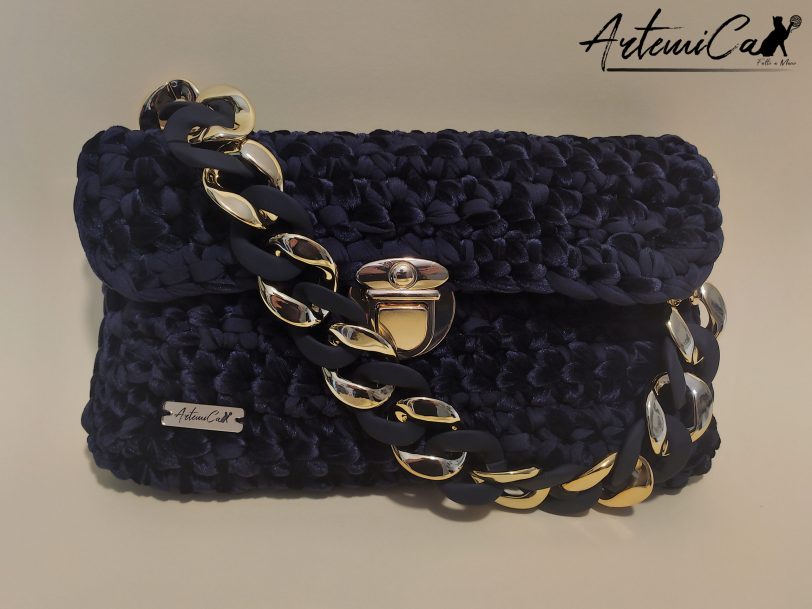 1 Clutch Velluto Noir et Or: Borsa Artigianale Fatta a Mano con Catena Dorata