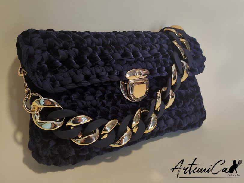 2 Clutch Velluto Noir et Or: Borsa Artigianale Fatta a Mano con Catena Dorata