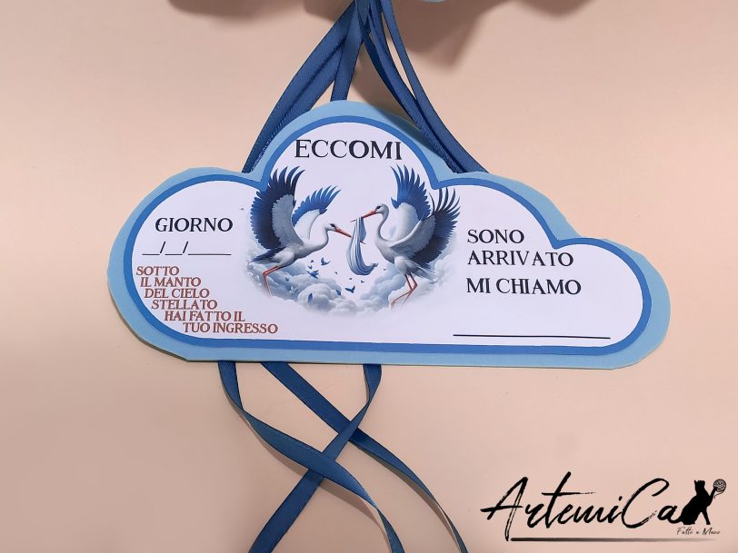 2 Fiocco di Cuori: Fiocco nascita azzurro Ricamato a Mano con dettagli artigianali