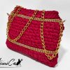 3 Clutch Fiamma Dorata: Borsa Fatta a Mano all'Uncinetto in Rosso con Strass e Catena dorata
