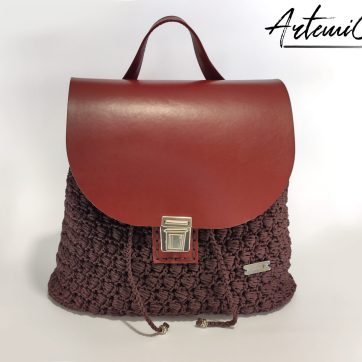 Zaino Prestige: Fatto a Mano all'Uncinetto in cordino marrone ed ecopelle bordeaux