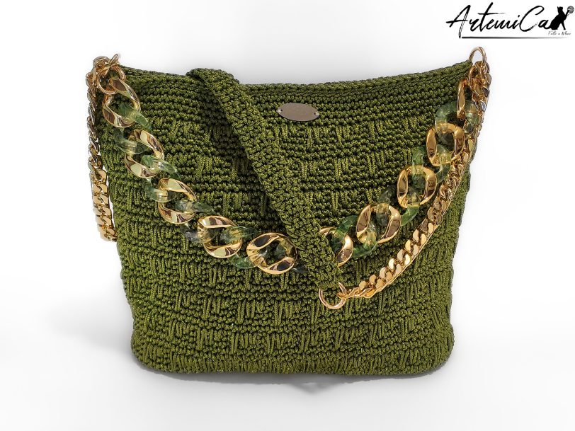 1 Borsa Riflessi di Giada: Tote Bag Artigianale in Cordino Verde Lurex con e Dettagli Dorati