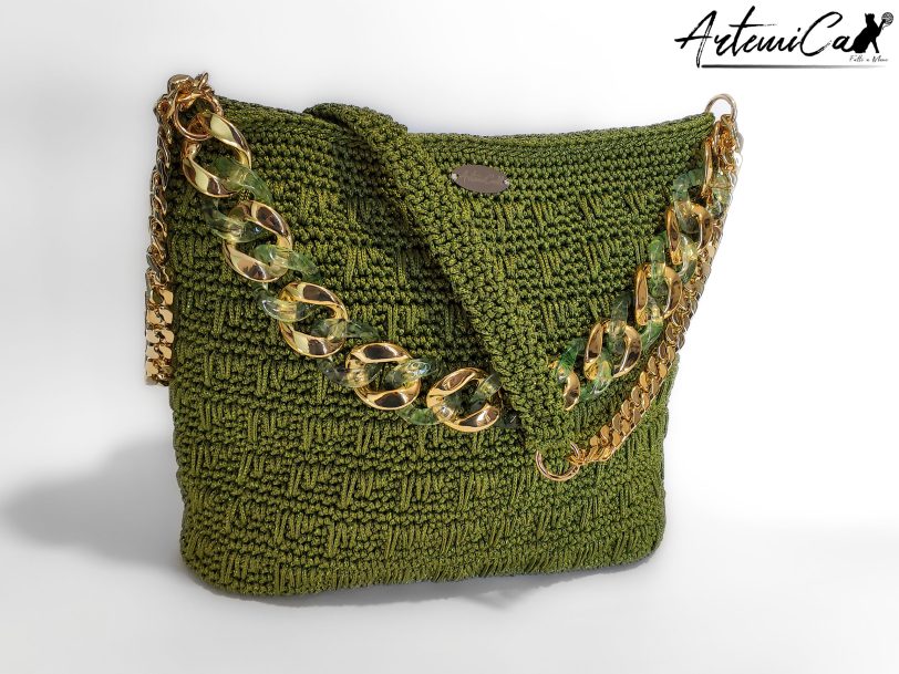 2 Borsa Riflessi di Giada: Tote Bag Artigianale in Cordino Verde Lurex con e Dettagli Dorati