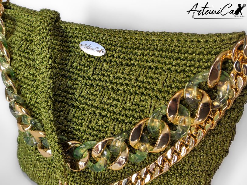 3 Borsa Riflessi di Giada: Tote Bag Artigianale in Cordino Verde Lurex con e Dettagli Dorati