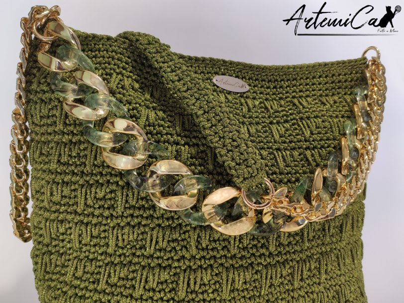 4 Borsa Riflessi di Giada: Tote Bag Artigianale in Cordino Verde Lurex con e Dettagli Dorati