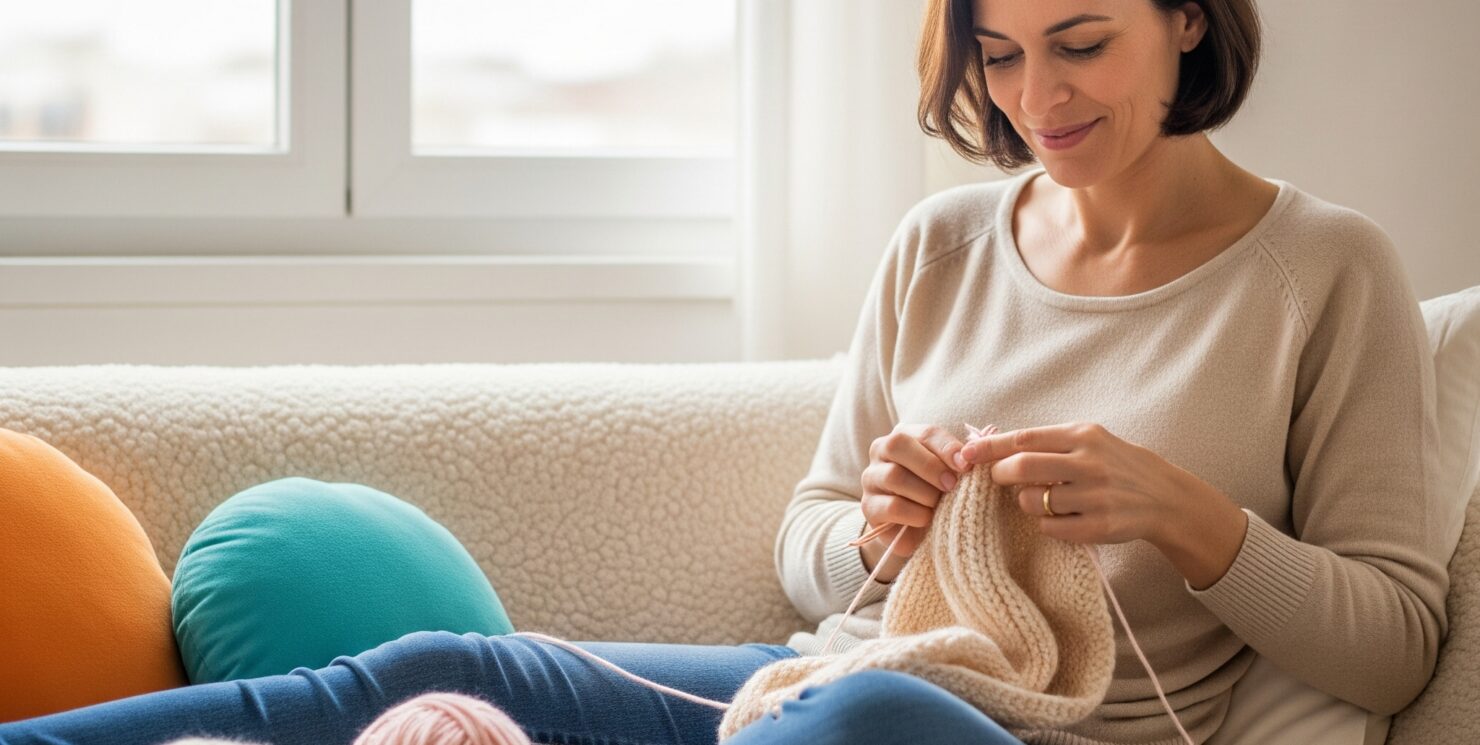 "Uncinetto Terapeutico per ridurre Stress e Ansia" Donna sorridente e rilassata seduta su una comoda poltrona vicino a una finestra, con la luce del tardo pomeriggio che entra, mentre lavora all'uncinetto. Attorno a lei, cuscini e una coperta, a creare un'immagine di comfort e pace interiore