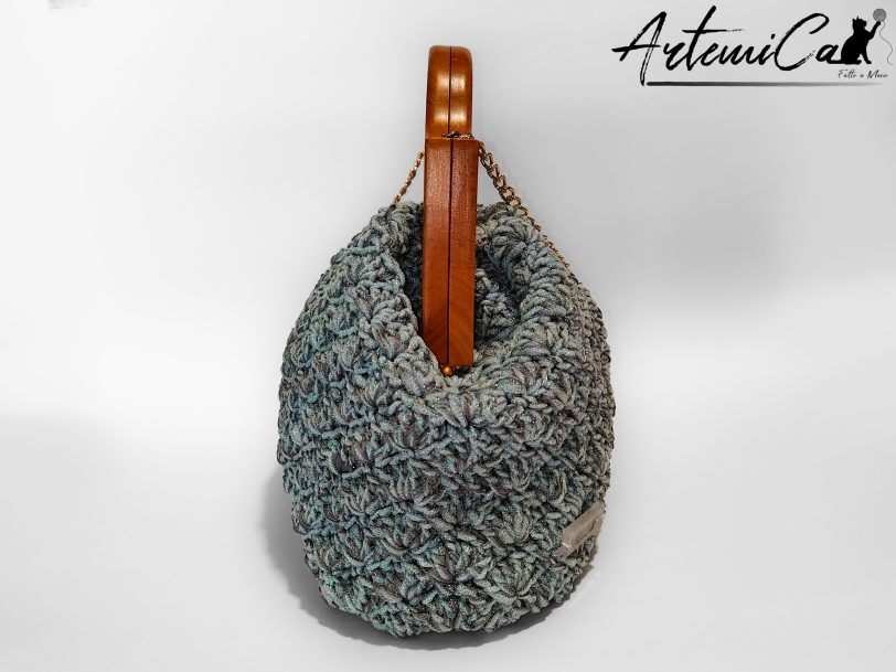3 (Artemicat) Sogno d'Acqua: Borsa Fatta Mano all'Uncinetto & Chiusura Clic Clac in Legno