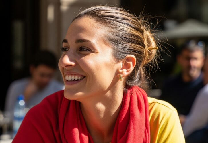 Donna energica, riflette la psicologia colori emozioni caldi