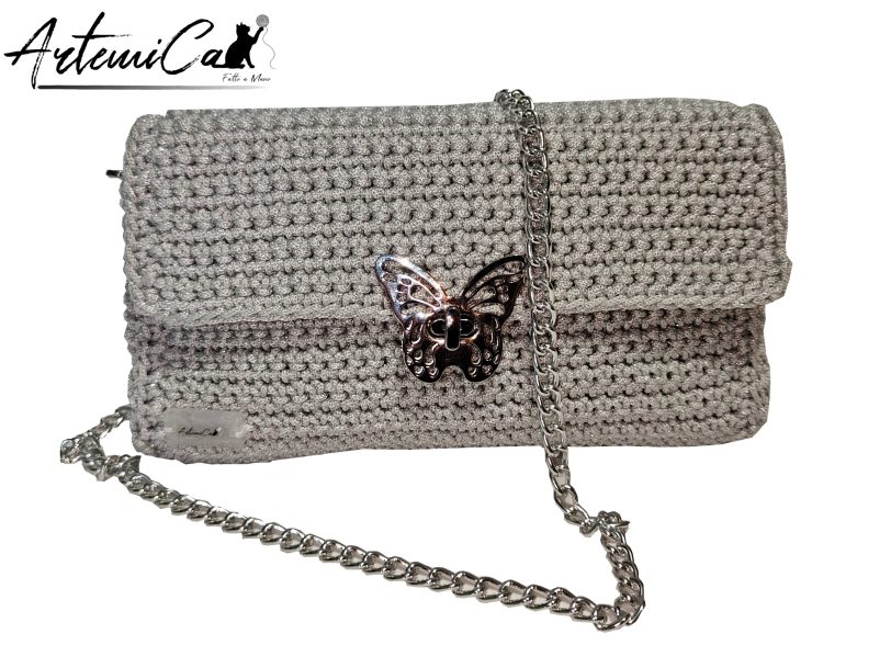 1 (Artemicat) Pochette Sottovoce: Borsa Elegante fatta a mano all'Uncinetto in Cordino Bianco Lurex