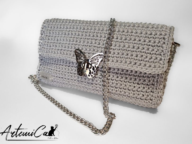 3 (Artemicat) Pochette Sottovoce: Borsa Elegante fatta a mano all'Uncinetto in Cordino Bianco Lurex