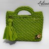 1 (Artemicat) Borsa fatta a mano all’uncinetto in fettuccia verde con nappina decorativa