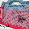 2 (Artemicat) Pochette fatta a mano artigianale lilla con base fucsia e manici azzurro polvere