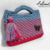 3 (Artemicat) Pochette fatta a mano artigianale lilla con base fucsia e manici azzurro polvere