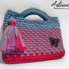 4 (Artemicat) Pochette fatta a mano artigianale lilla con base fucsia e manici azzurro polvere