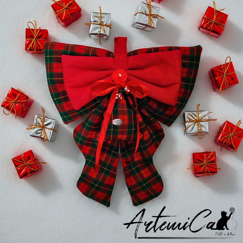 5 Fiocco Bosco Incantato : decorazione Natalizia Fatta a Mano in tartan rosso e verde