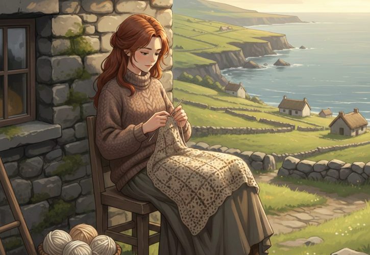 Close-up of historical crochet tools inspired by early European techniques: bone needles, coarse yarn, hand-drawn pattern sheets on an old wooden table. Soft natural light, museum-style composition