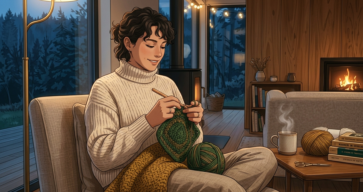 Donna che lavora all’uncinetto in casa moderna, luce calda e atmosfera artigianale contemporanea