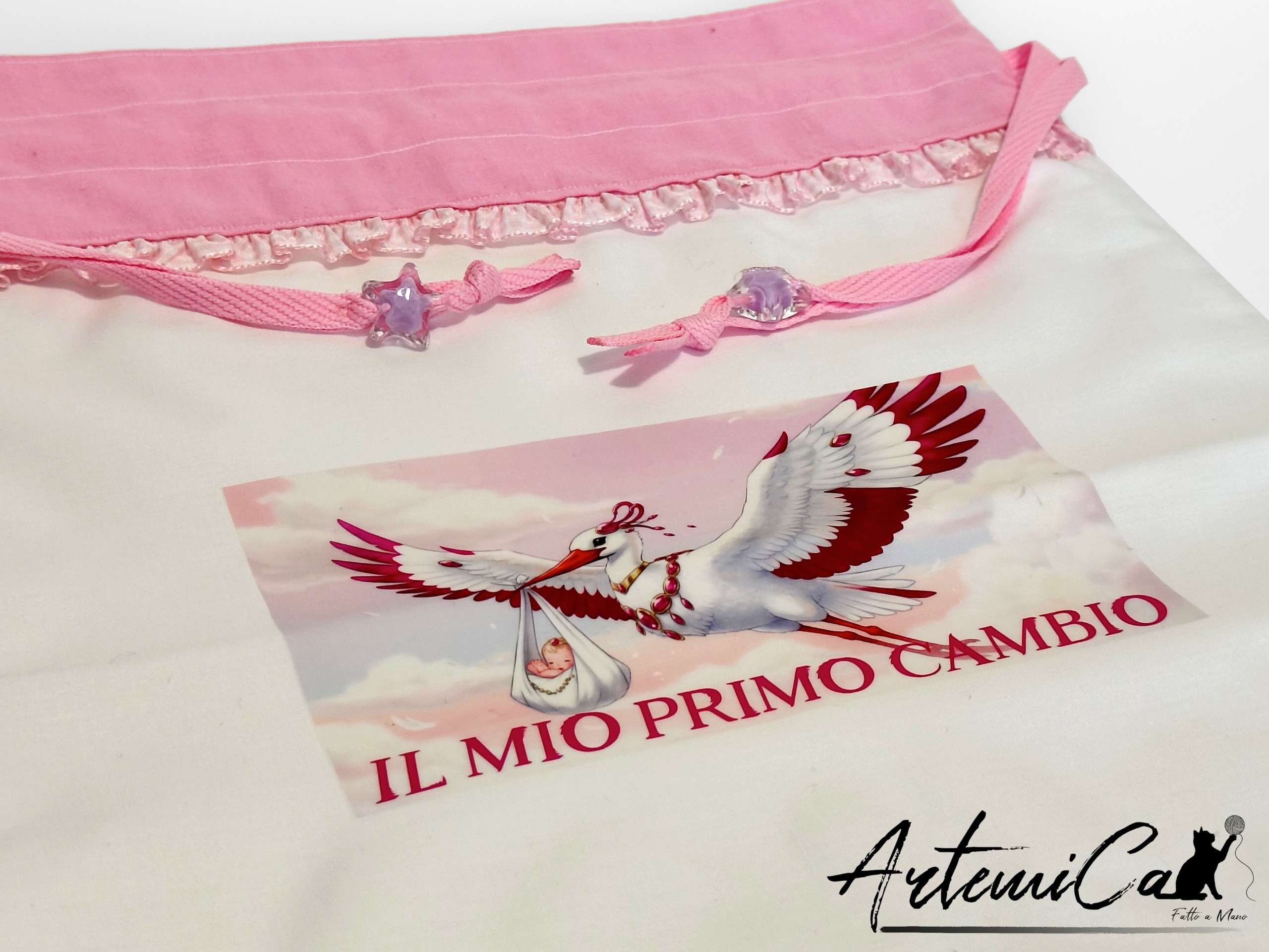 Sacco cambio pannolino bimba fatto a mano con cicogna