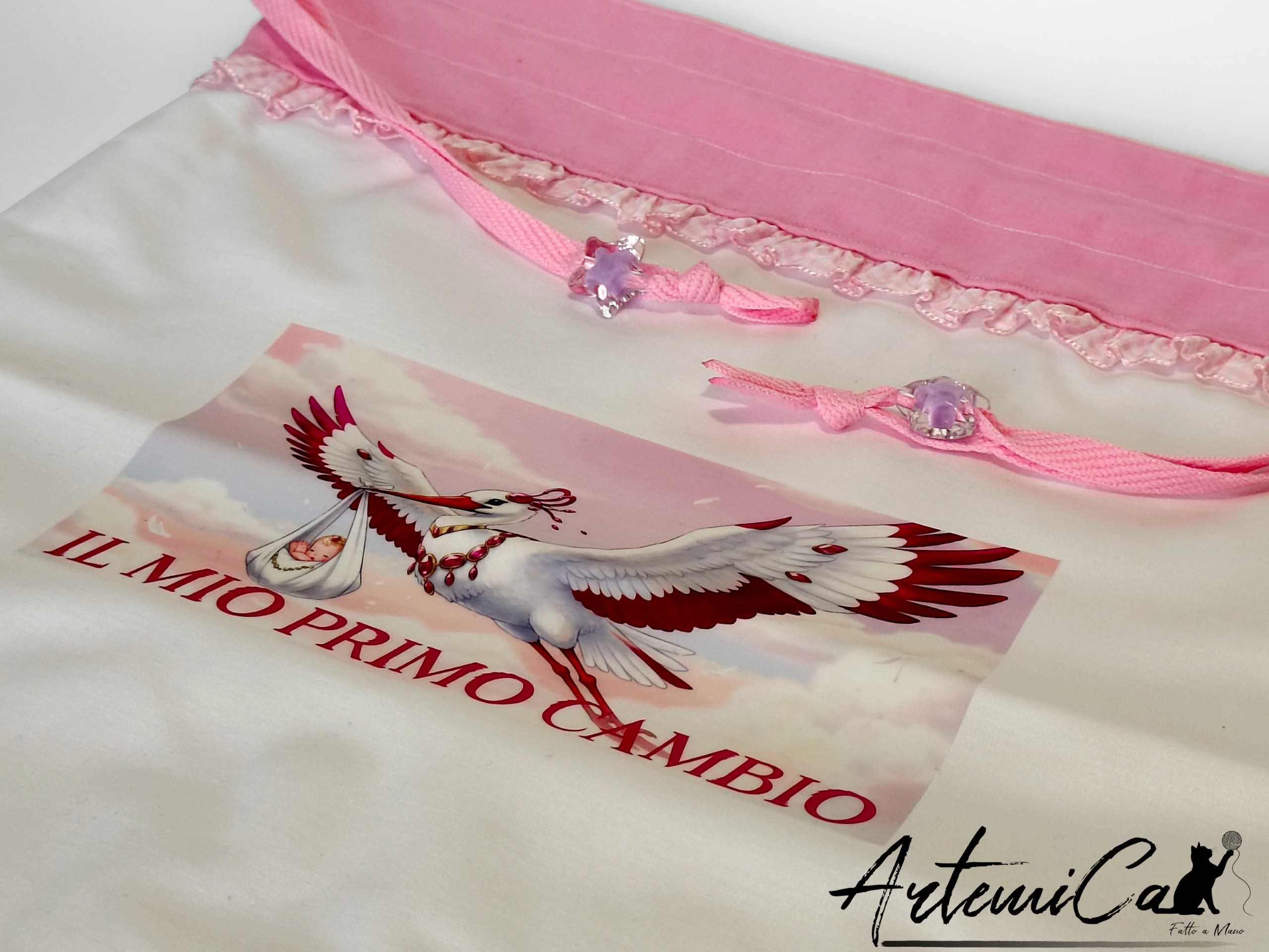 Sacco cambio pannolino bimba fatto a mano con cicogna