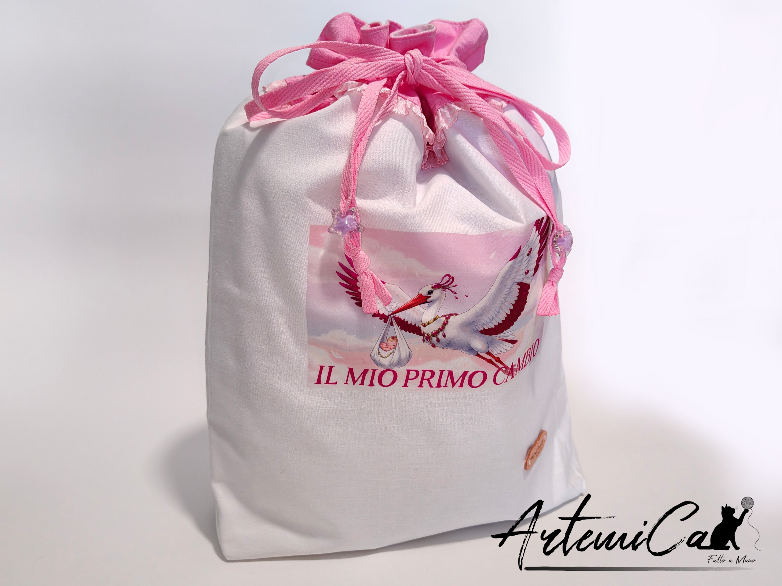 Sacco cambio pannolino bimba fatto a mano con cicogna