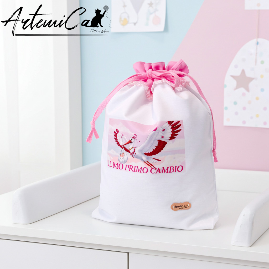 Sacco cambio pannolino bimba fatto a mano con cicogna