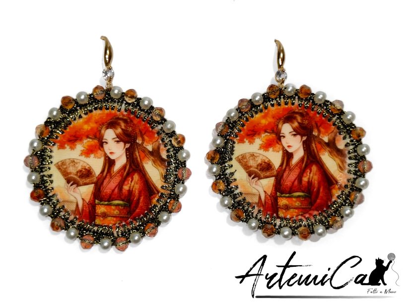 2 (Artemicat) Sakura Dreams - Orecchini Tessili Fatti a Mano Stile Japan con Cristalli e Perle