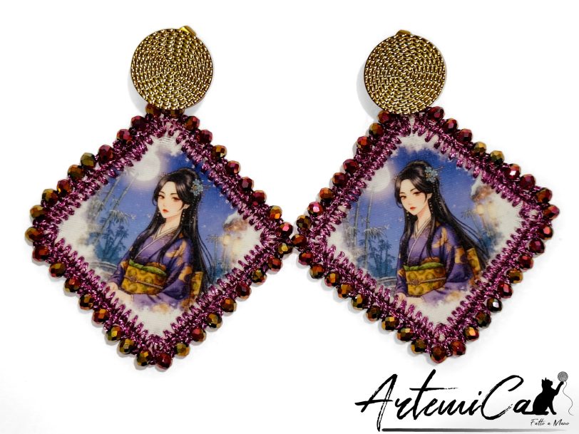 3 (Artemicat) Sakura Dreams - Orecchini Tessili Fatti a Mano Stile Japan con Cristalli e Perle