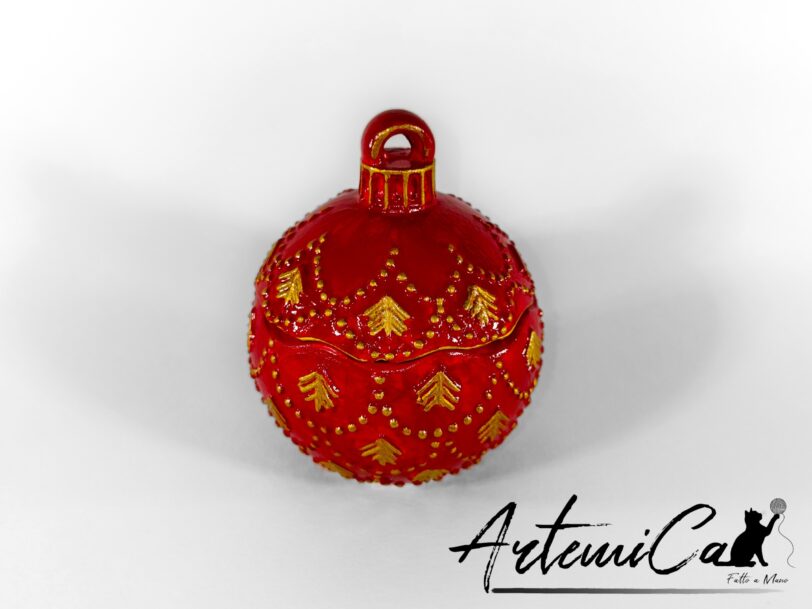 4 (Artemicat) Pallina di Natale apribile in polvere di ceramica in quattro colori, lilla, rosso, blu e cipria, con alberelli dorati