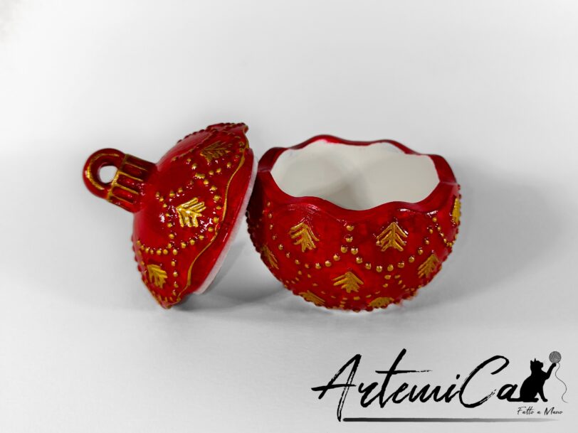 5 (Artemicat) Pallina di Natale apribile in polvere di ceramica in quattro colori, lilla, rosso, blu e cipria, con alberelli dorati
